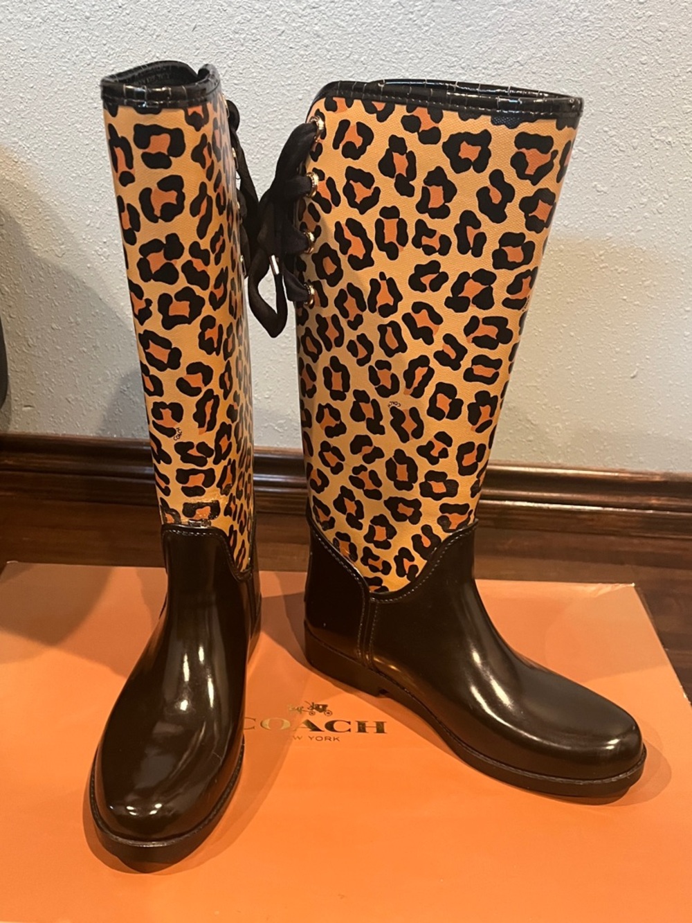Coach Leopard-Print Over-the-Knee Rain Boots - Black and Tan